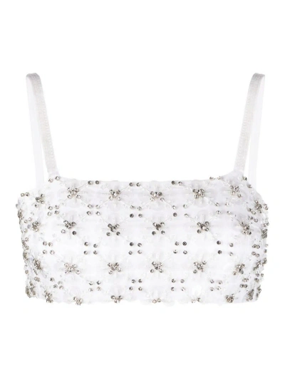 P.a.r.o.s.h Rhinestone-embellished Mesh Cropped Top In White