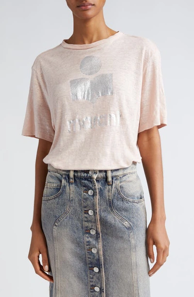 Isabel Marant Étoile Zewel Metallic Logo Slub Linen Graphic T-shirt In Pearl Rose/silver