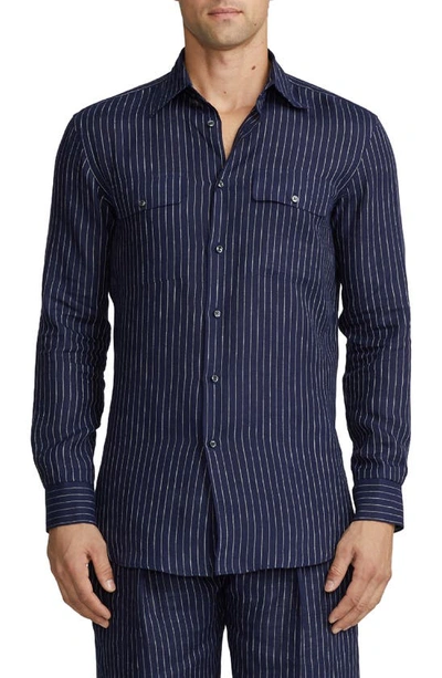 Ralph Lauren Purple Label Men's Norfolk Pinstripe Button-down Shirt In Spring Navy/cream