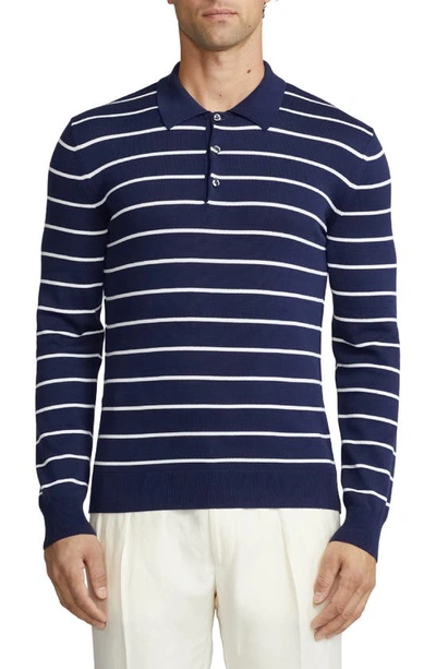 Ralph Lauren Purple Label Striped Cotton Polo-collar Sweater In Spring Navy Optic White