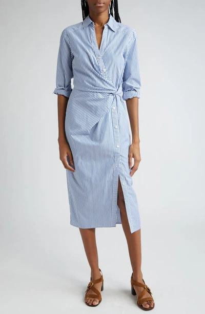 Veronica Beard Wright Stripe Long Sleeve Cotton Midi Shirtdress In Blue