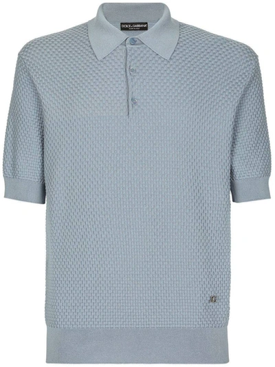 Dolce & Gabbana Waffle-knit Short-sleeved Polo Shirt In Celeste Medio