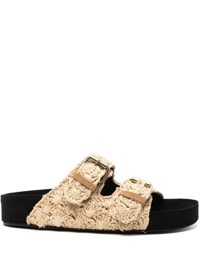 Isabel Marant Lennyo Rattan Dual-buckle Slide Sandals In Beige