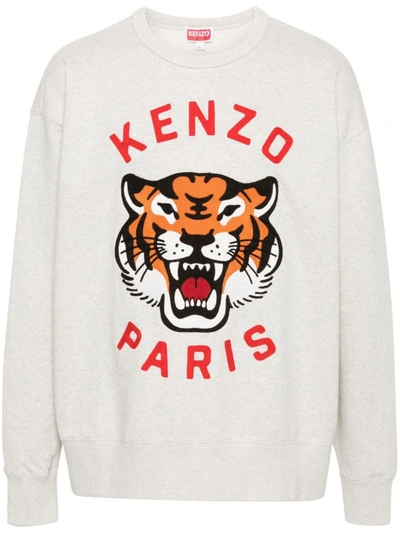 Kenzo Lucky Tiger Embroidered Oversize Cotton Sweatshirt In Off White