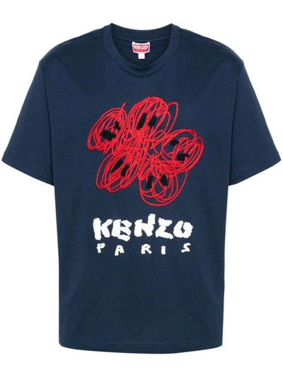 Kenzo Drawn Varsity Cotton T-shirt In Blue