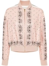 Palm Angels Pink\/white Linen Blend Print Bomber Jacket In Rosa E Bianco