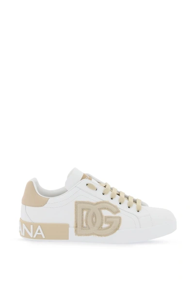 Dolce & Gabbana Sneakers Portofino In Pelle Con Patch Logo Dg In White