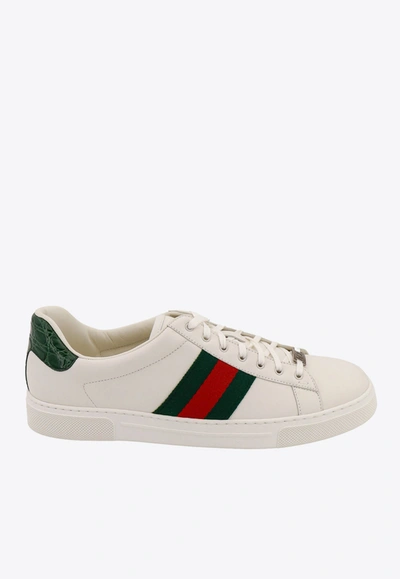 Gucci Men's Ace Leather Web Low-top Sneakers In White
