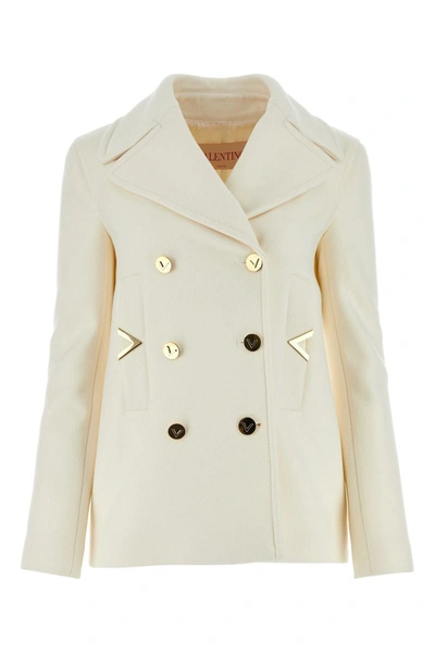 Valentino Wool And Cashmere Coat With Vlogo In Ivory