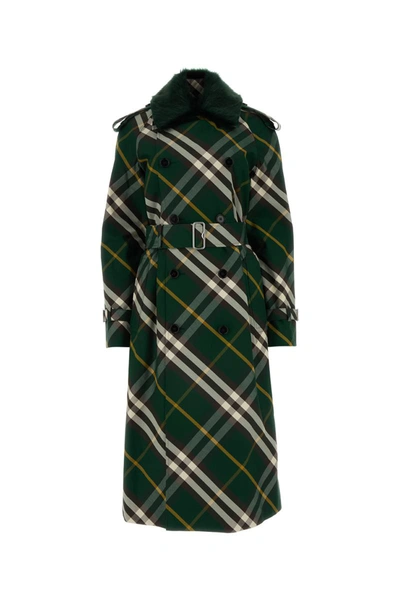Burberry Check-pattern Cotton Trench Coat In Green