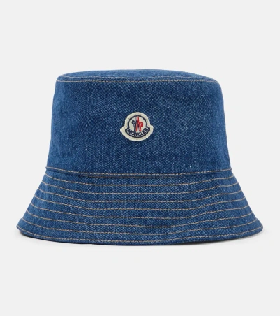 Moncler Denim Logo Patch Bucket Hat In Dark Navy Blue