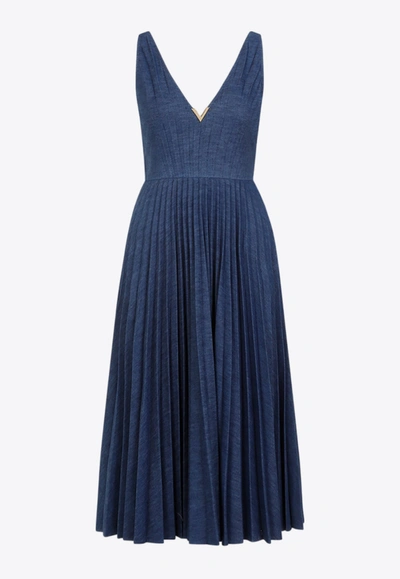 Valentino V-logo Pleated Denim Midi Dress In Blue