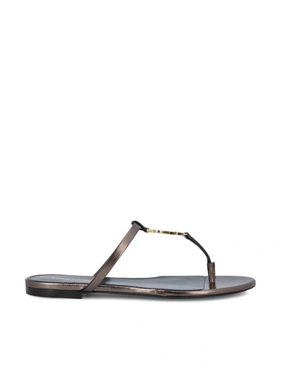 Saint Laurent Cassandra Leather Ysl Thong Sandals In Brown