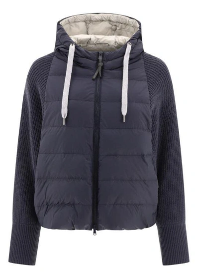 Brunello Cucinelli Down Jacket With Monili, Knitted Hood And Sleeves In Blue