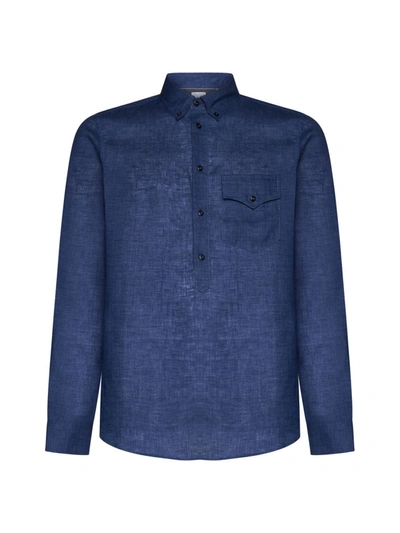 Brunello Cucinelli Long-sleeve Linen Polo Shirt In Blue