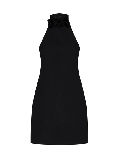 Dolce & Gabbana Black Mini Dress With Floral Detail In Wool Woman