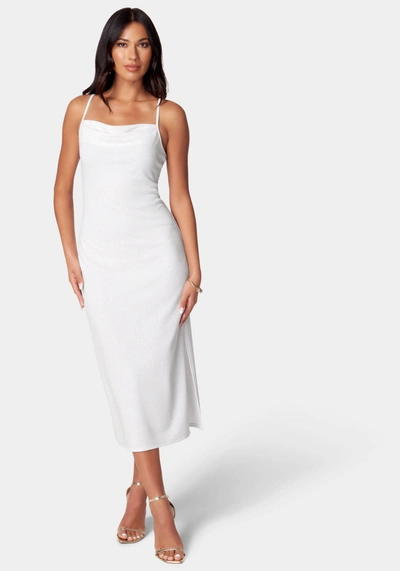 Bebe Cowl Neck Shine Dress In Ivory