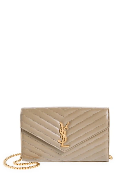 Saint Laurent Ysl Monogram Large Wallet On Chain In Smooth Leather In Dusty Grey