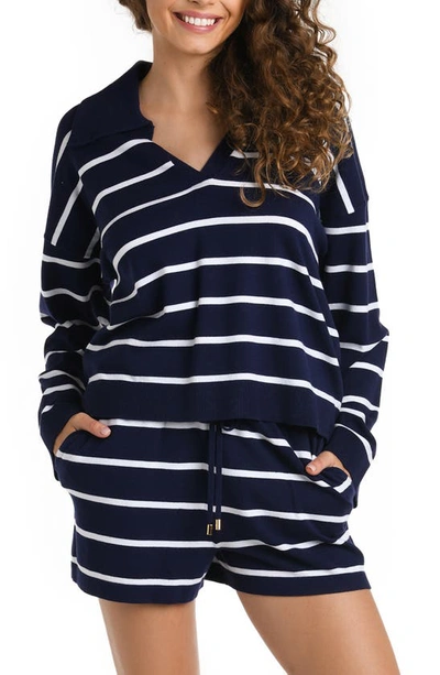 La Blanca Striped Open-collar Sweater In Indigo