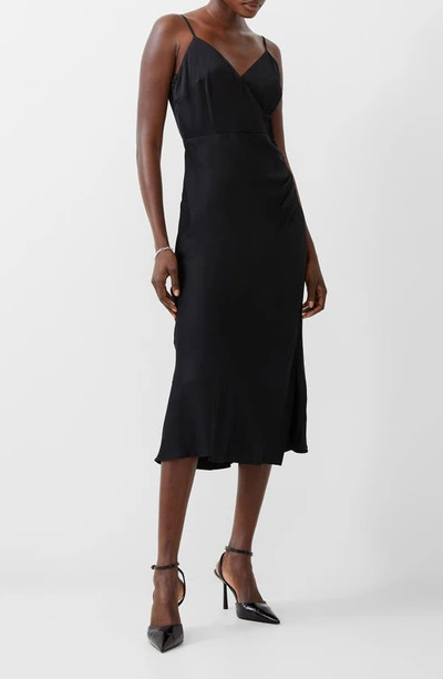 French Connection Ennis Ruched Satin Faux Wrap Midi Dress In Blackout