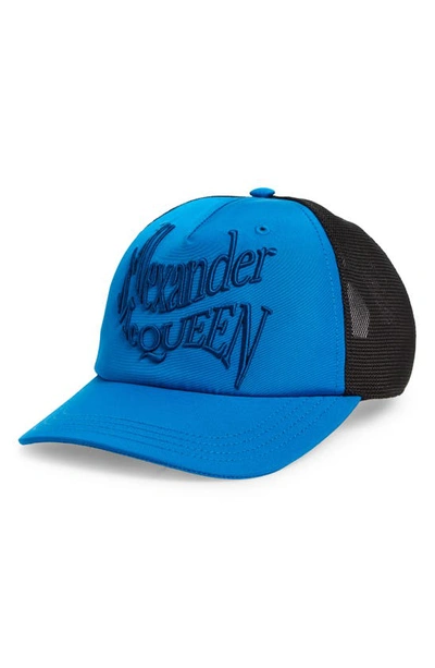 Alexander Mcqueen Men's Warped Logo Trucker Hat In Lapis Blue/ Black