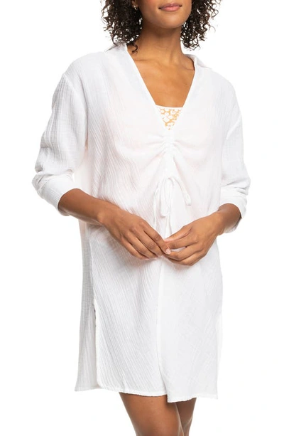 Roxy Sun & Limonade Ruched Long Sleeve Cotton Cover-up Tunic In Bright White