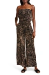 ELAN FROND PRINT STRAPLESS WIDE LEG COVER-UP JUMPSUIT