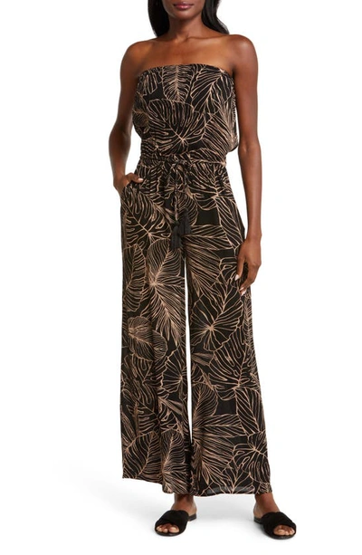 Elan Printed Strapless Wide Leg Jumpsuit In Black Natural