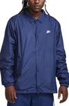 Nike Club Coaches Jacket Mens Navy Relaxed Fit Drawcord Hem Snap Front Fts922 In Blue
