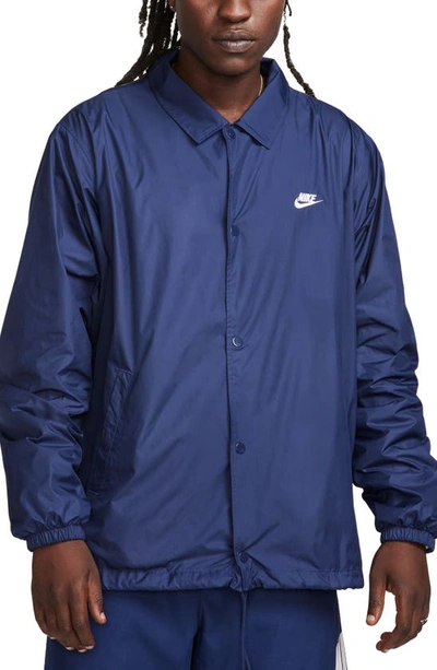 Nike Club Coaches Jacket Mens Navy Relaxed Fit Drawcord Hem Snap Front Fts922 In Blue