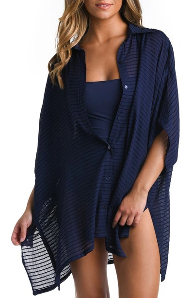 La Blanca Striped Semi-sheer Convertible Shirtdress In Indigo