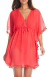 BLEU BY ROD BEATTIE GYPSET POMPOM SHEER COVER-UP CAFTAN