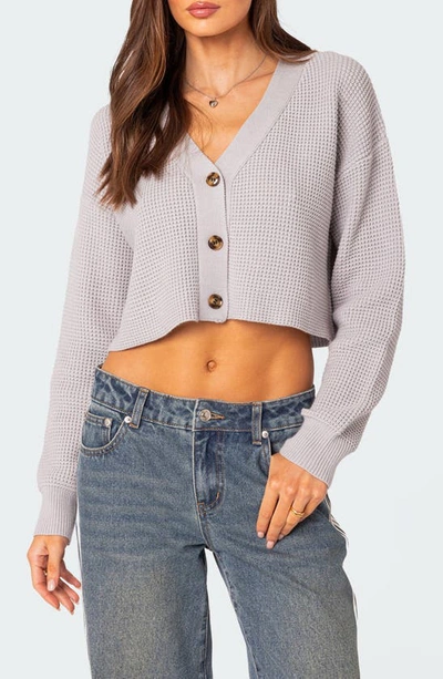 Edikted Women's Oversized Waffle Knit Cropped Cardigan In Gray