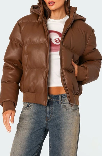 Edikted Women's Wintry Faux Leather Hooded Puffer Jacket In Brown