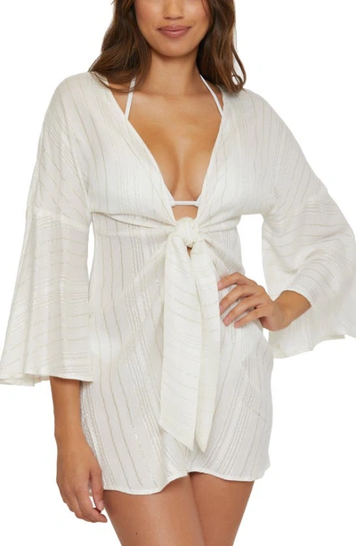 Becca Radiance Metallic Stripe Long Sleeve Cover-up Tunic In White