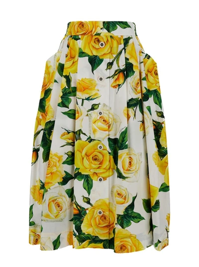 DOLCE & GABBANA MIDI SKIRT WITH ALL-OVER FLOWER PRINT MULTICOLOR IN COTTON WOMAN