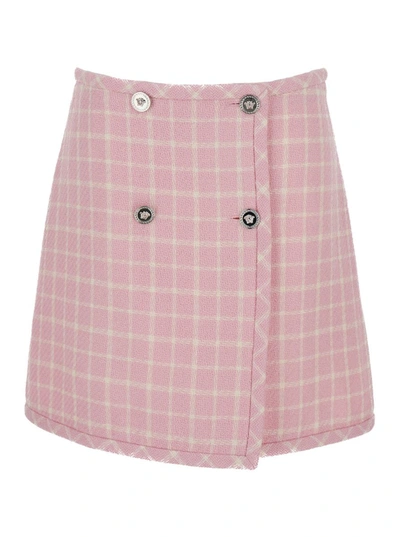 Versace Check-pattern Virgin Wool-blend Skirt In Pastel Pink,white