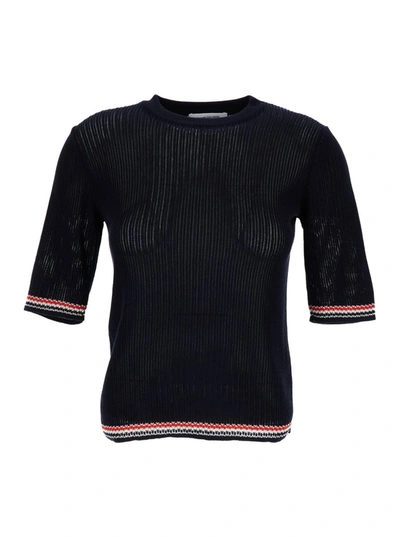 Thom Browne Blue Pointelle Knit Top With Rwb Stripe In Cotton Blend Woman In Navy