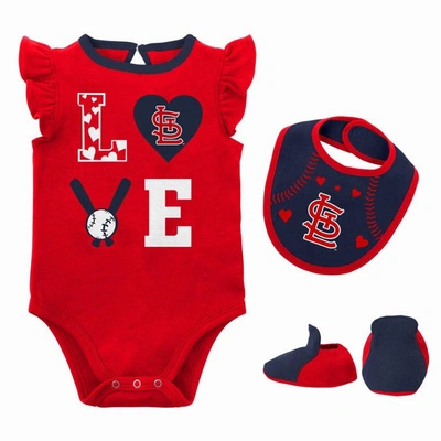 Outerstuff Babies' Newborn & Infant Red/navy St. Louis Cardinals Three-piece Love Of Baseball Bib Bodysuit & Booties Se In Red,navy