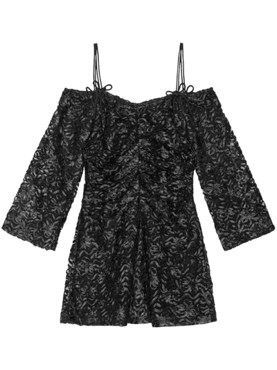 Ganni Off-shoulder Bow-pattern Minidress In Black