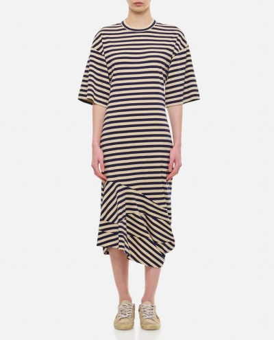 Plan C Patchwork Striped Short-sleeve Midi T-shirt Dress In Neutrals