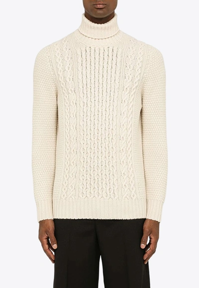 Drumohr Cable-knit Turtleneck Wool Sweater In White