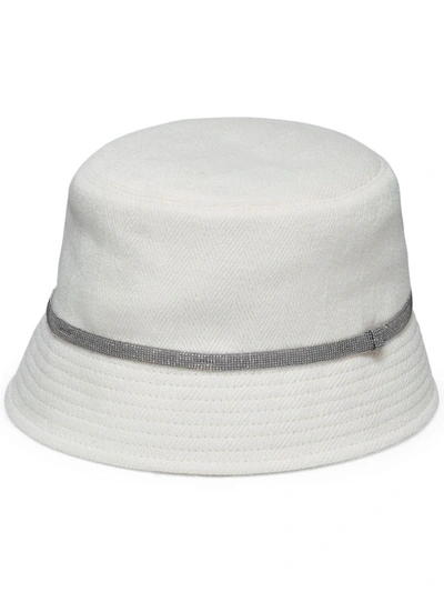 Brunello Cucinelli Linen And Cotton Bucket Hat With Shiny Details In White