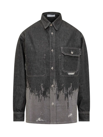 Jw Anderson Degrade Studded Distressed Denim Workwear Shirt In Grey