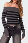Edikted Women's Melody Fold Over Striped Sweater In Black-and-gray