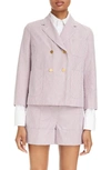 THOM BROWNE UNCONSTRUCTED FIT STRIPE CROP DOUBLE BREASTED BLAZER
