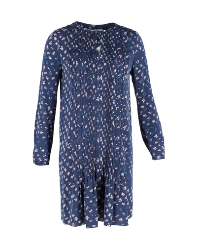 Diane Von Furstenberg Printed Pleated Long-sleeve Dress In Navy Blue Silk
