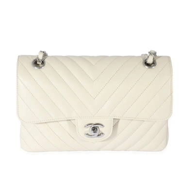 Pre-owned Chanel 22c Neutral Chevron Calfskin Small Classic Flap In White