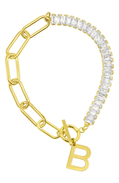 Adornia 14k Gold-plated Half Crystal And Half Paperclip Initial Toggle Bracelet In Gold-b