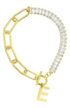 Adornia 14k Gold-plated Half Crystal And Half Paperclip Initial Toggle Bracelet In Gold-e